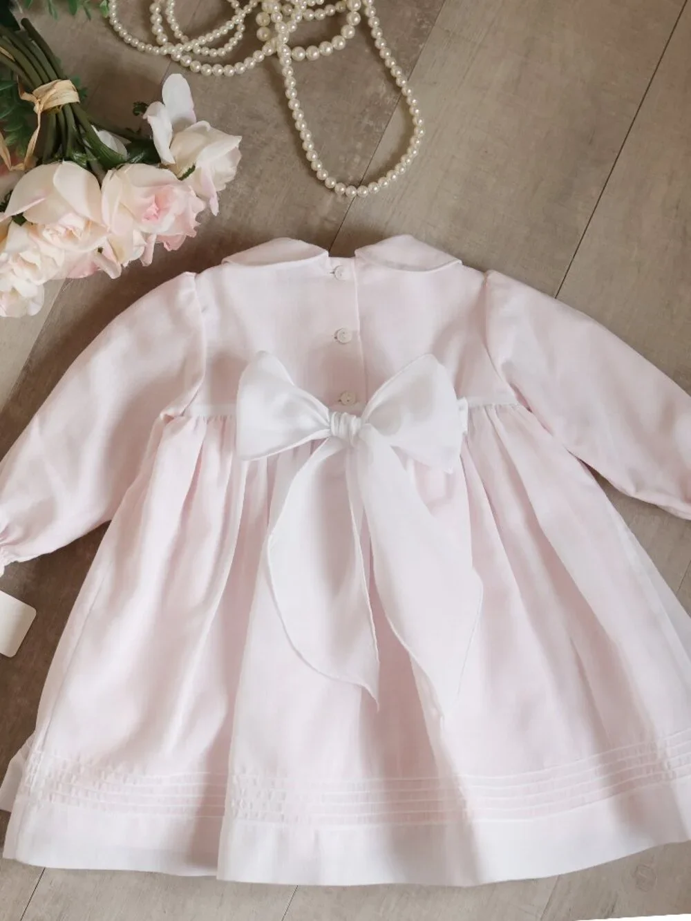 White Smocked Heirloom Dress Bullion Roses Pearls Pintucks Special Occasion 6M